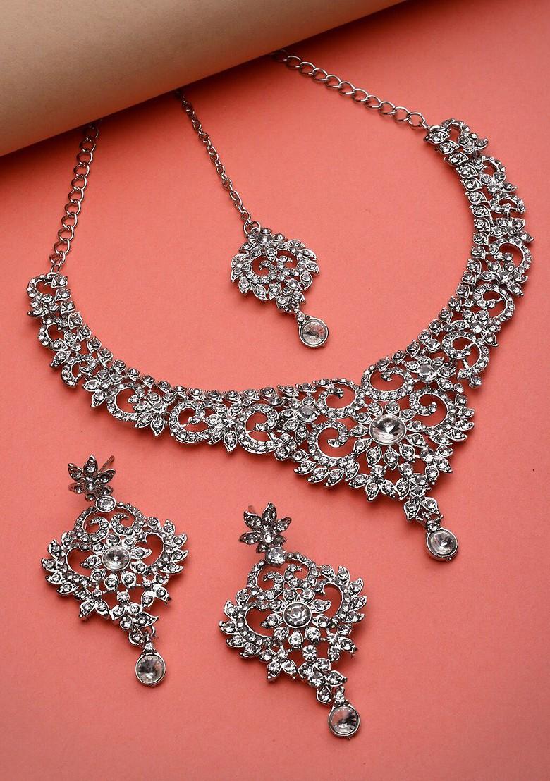 Silver Ad Studded Choker Rhodium Plated Necklace Set