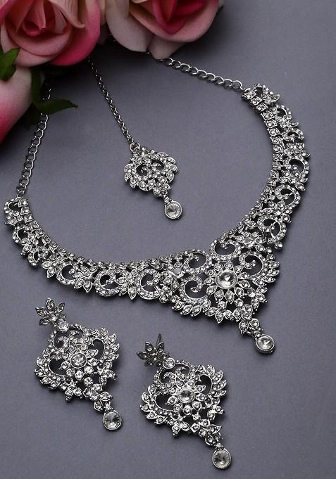 Silver Ad Studded Choker Rhodium Plated Necklace Set
