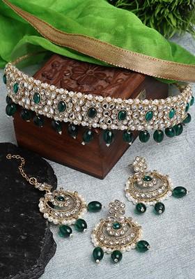 Green Kundan And Beads Studded Choker Gold Plated Necklace Set