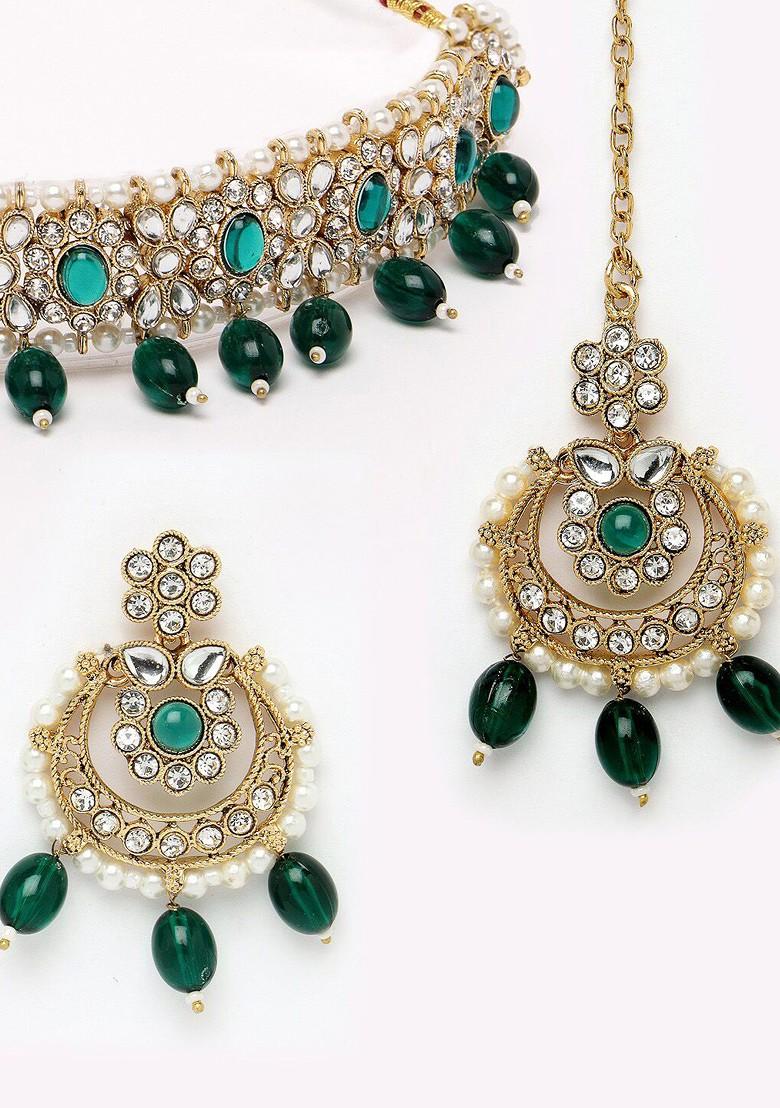 Green Kundan And Beads Studded Choker Gold Plated Necklace Set