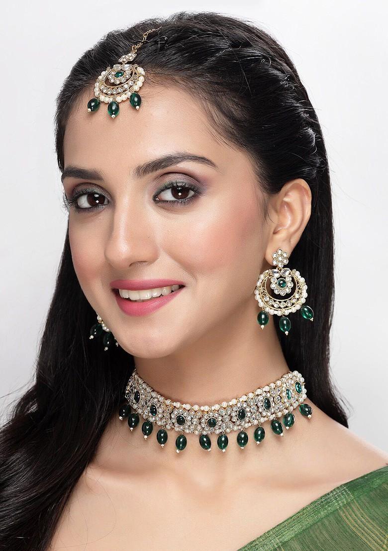 Green Kundan And Beads Studded Choker Gold Plated Necklace Set