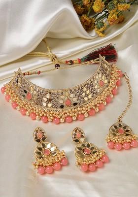 Pink Kundan And Beads Studded Choker Gold Plated Necklace Set