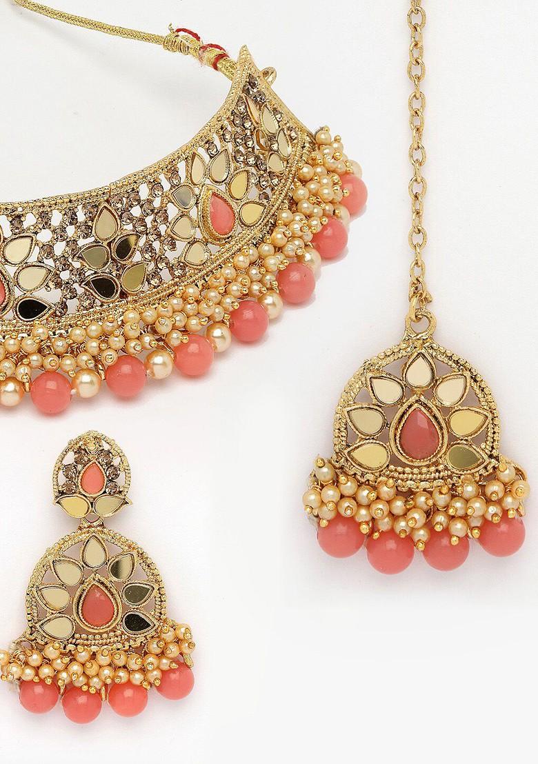 Pink Kundan And Beads Studded Choker Gold Plated Necklace Set