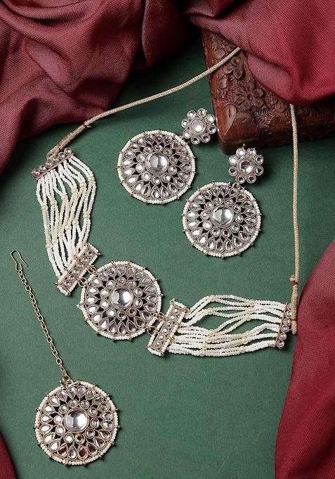 White Kundan And Beads Studded Choker Gold Plated Necklace Set
