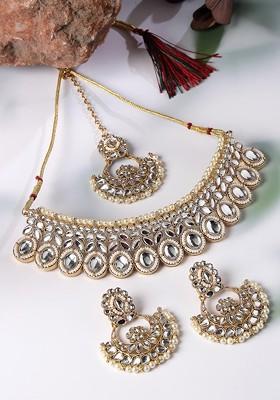 White Stone Studded Gold Plated Necklace Set