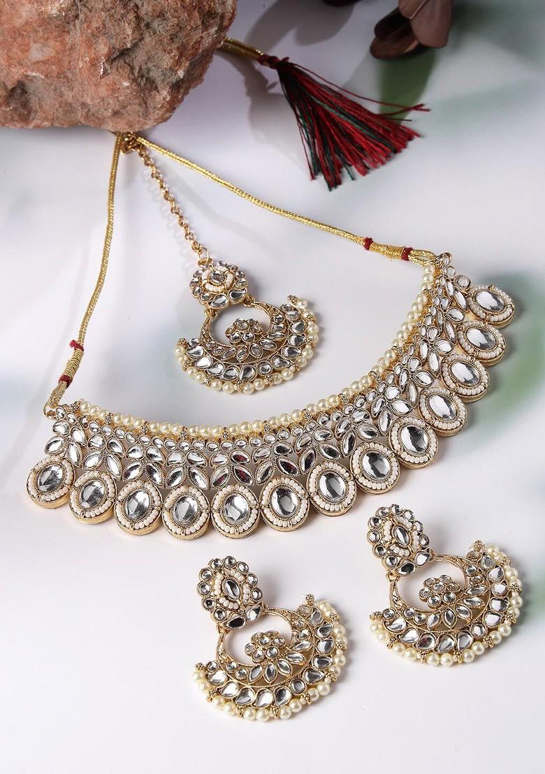 White Stone Studded Gold Plated Necklace Set