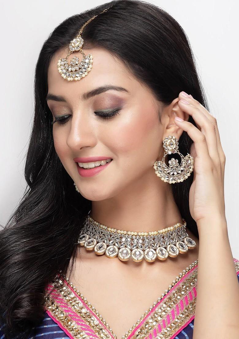 White Stone Studded Gold Plated Necklace Set