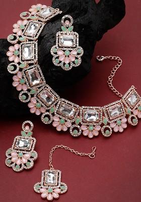 Pink Stone Studded Gold Plated Necklace Set