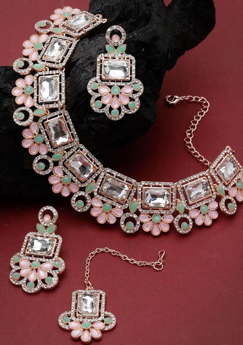 Pink Stone Studded Gold Plated Necklace Set - Indya