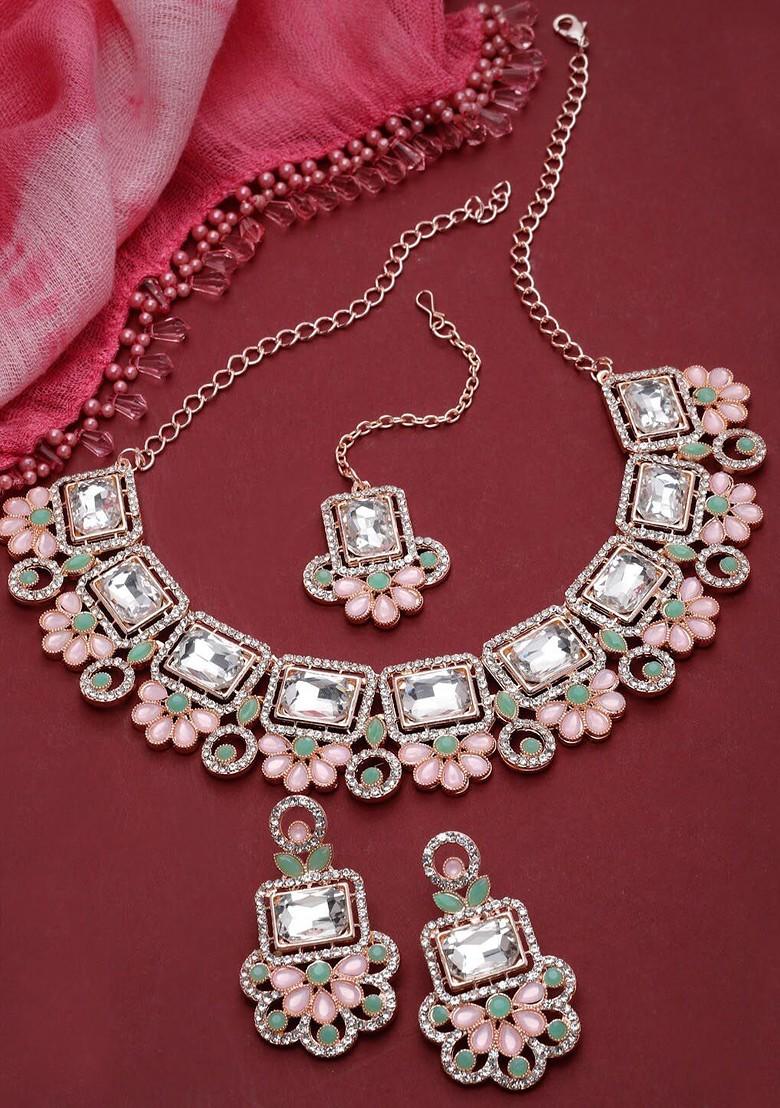Pink Stone Studded Gold Plated Necklace Set