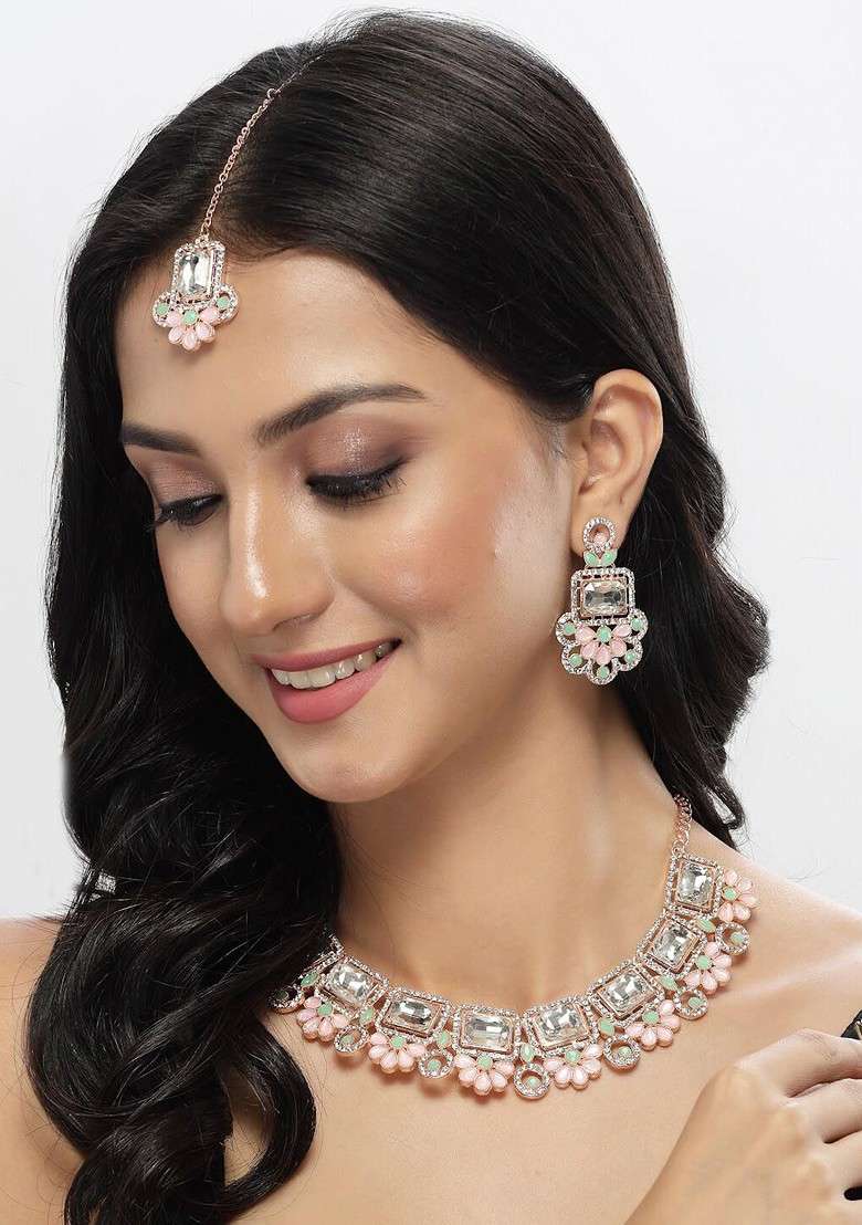 Pink Stone Studded Gold Plated Necklace Set - Indya