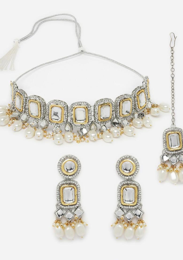 White Ad Studded Choker Rhodium Plated Necklace Set