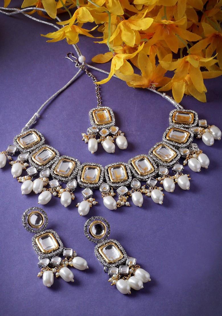 White Ad Studded Choker Rhodium Plated Necklace Set