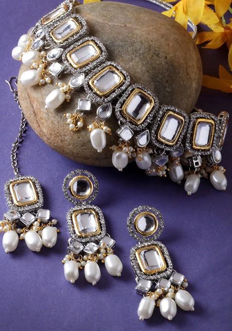 White Ad Studded Choker Rhodium Plated Necklace Set