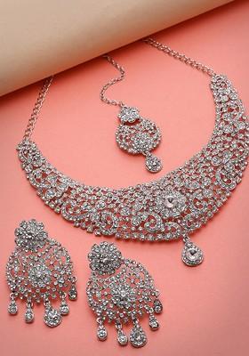 Silver Ad Studded Rhodium Plated Necklace Set