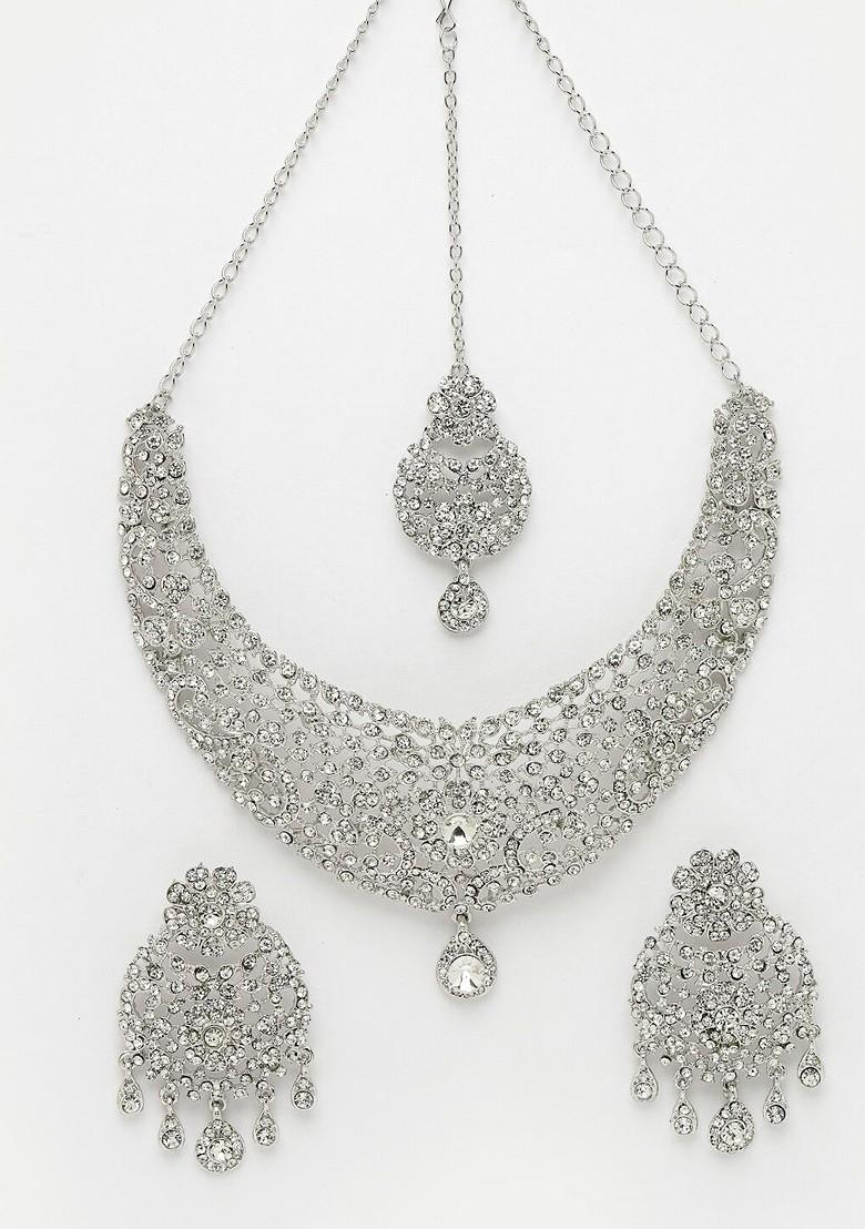 Silver Ad Studded Rhodium Plated Necklace Set