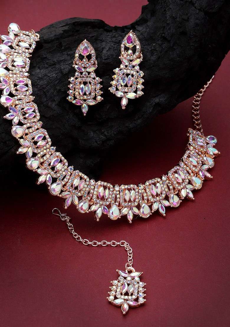 Rose Gold Stone Studded Gold Plated Necklace Set - Indya