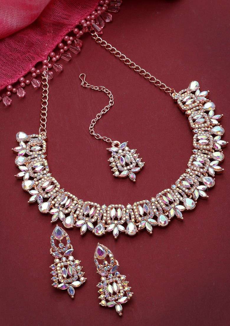 Rose Gold Stone Studded Gold Plated Necklace Set - Indya