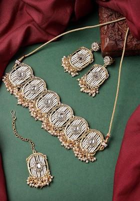 White Stone And Beads Studded Gold Plated Necklace Set