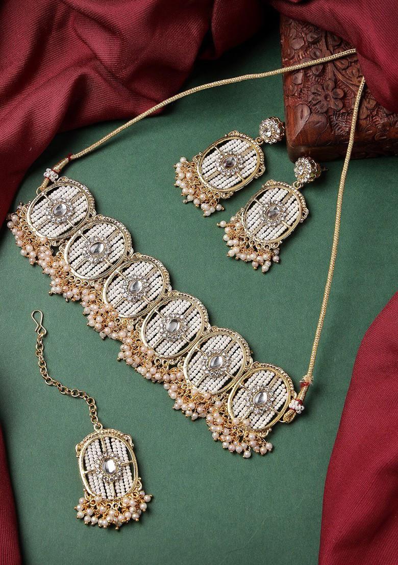 White Stone And Beads Studded Gold Plated Necklace Set