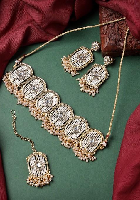 White Stone And Beads Studded Gold Plated Necklace Set