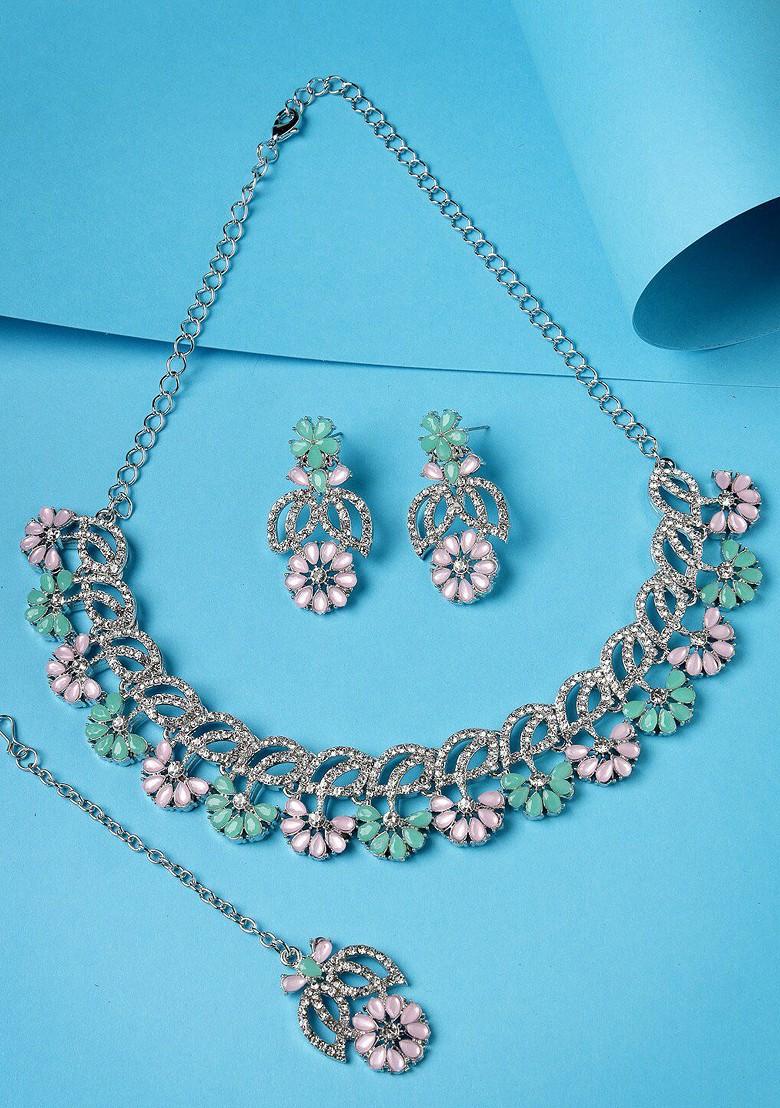 Pink Ad Studded Bridal Rhodium Plated Necklace Set