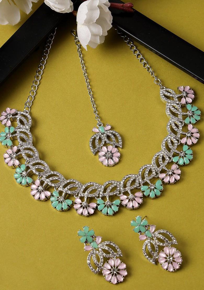 Pink Ad Studded Bridal Rhodium Plated Necklace Set