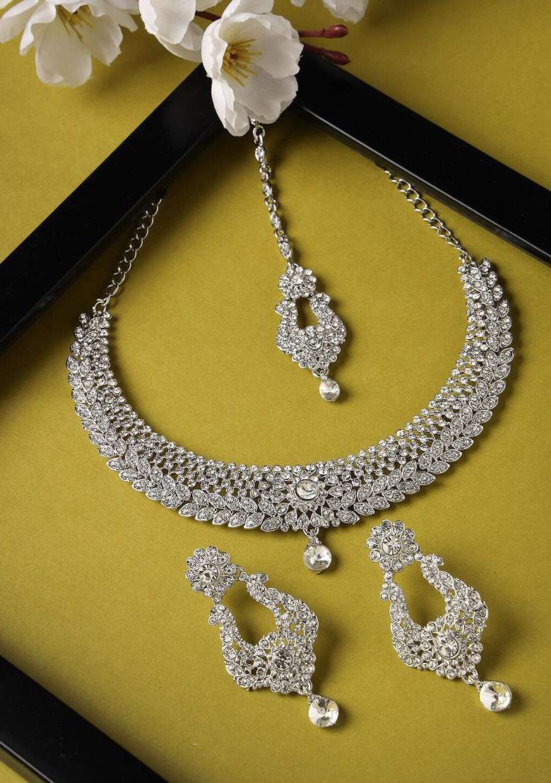 Silver Ad Studded Choker Rhodium Plated Necklace Set - Indya