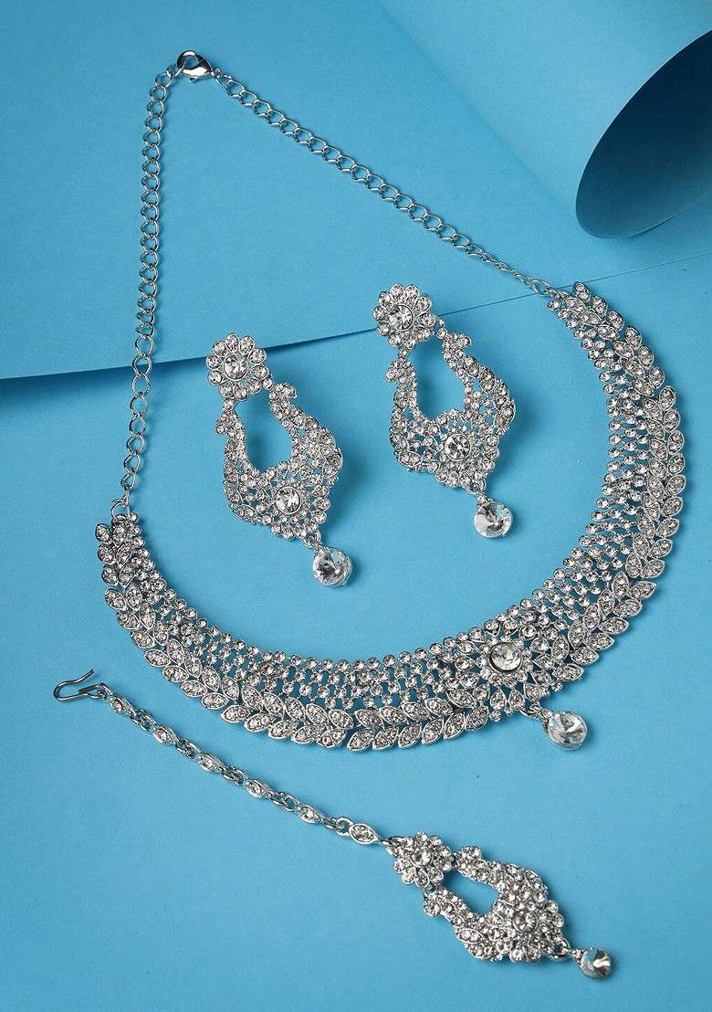 Silver Ad Studded Choker Rhodium Plated Necklace Set - Indya