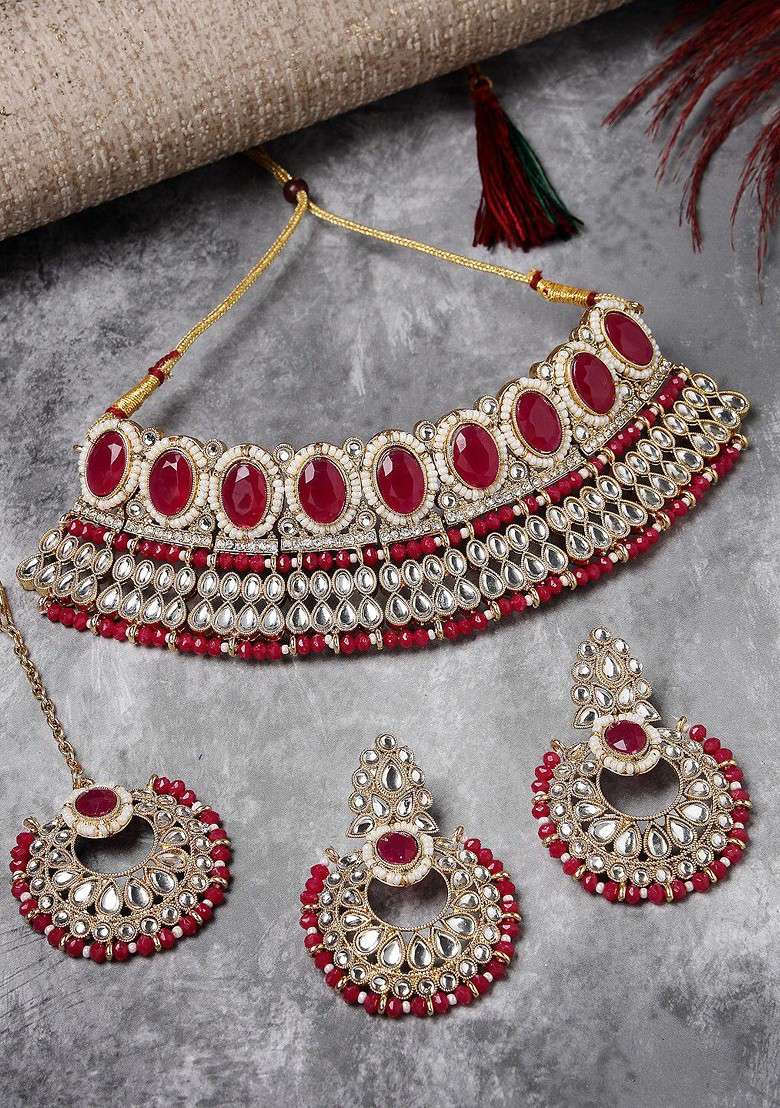 Magenta Beaded Gold Plated Necklace Set - Indya