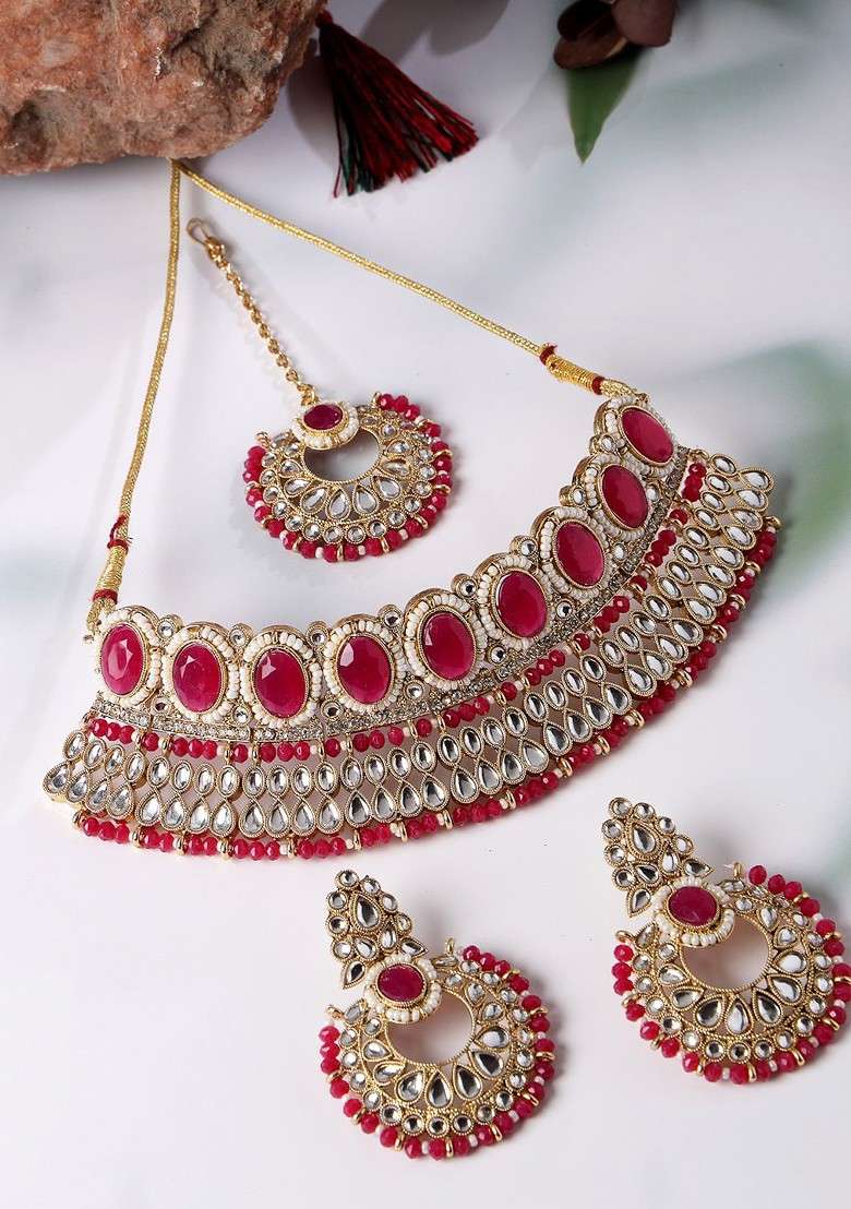 Magenta Beaded Gold Plated Necklace Set - Indya