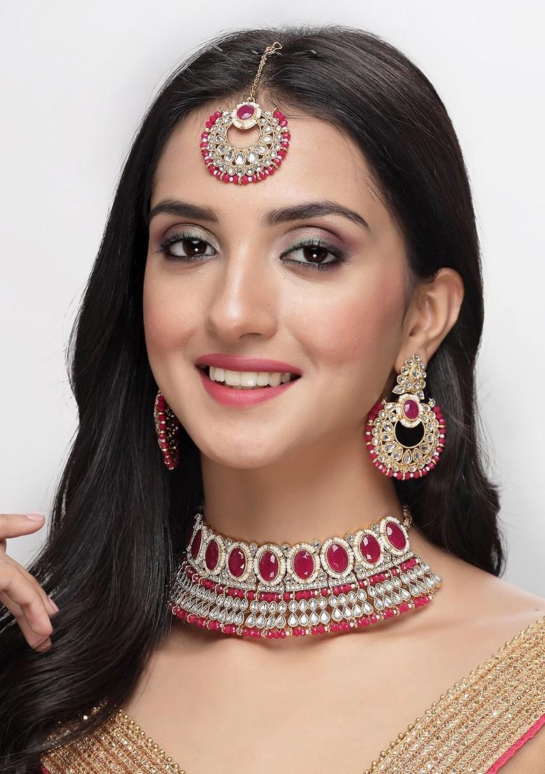 Magenta Beaded Gold Plated Necklace Set