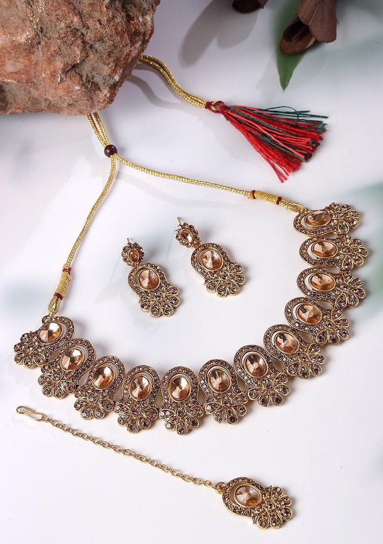 Gold Ad Studded Choker Gold Plated Necklace Set