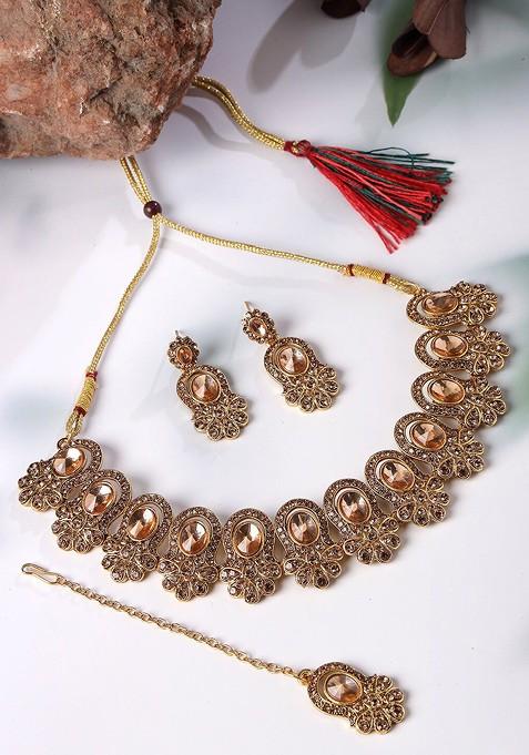 Gold Ad Studded Choker Gold Plated Necklace Set