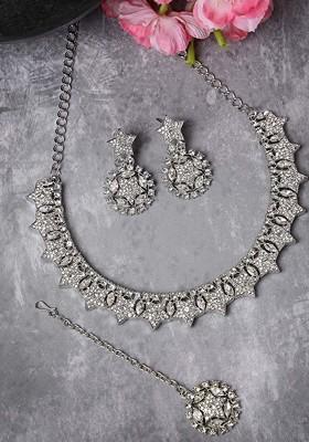 Silver Stone Studded Rhodium Plated Necklace Set