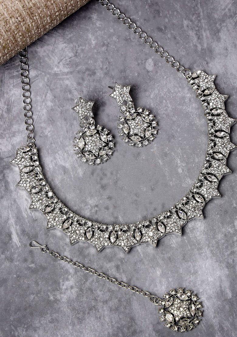 Silver Stone Studded Rhodium Plated Necklace Set