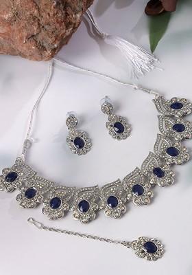 Silver Beaded Rhodium Plated Necklace Set