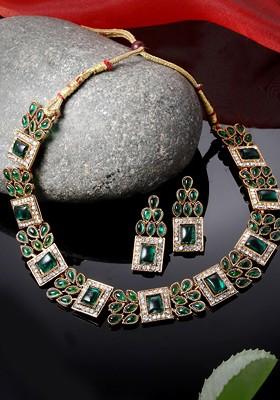 Green Beaded Gold Plated Necklace Set
