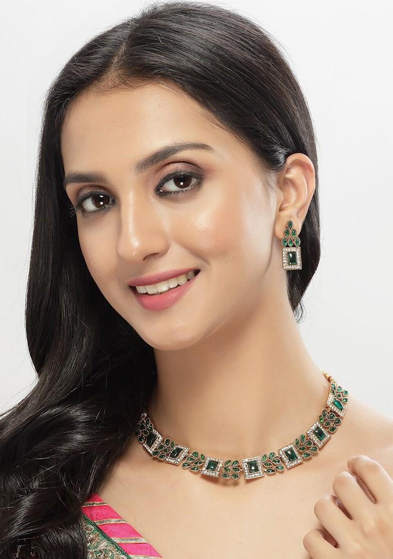 Green Beaded Gold Plated Necklace Set