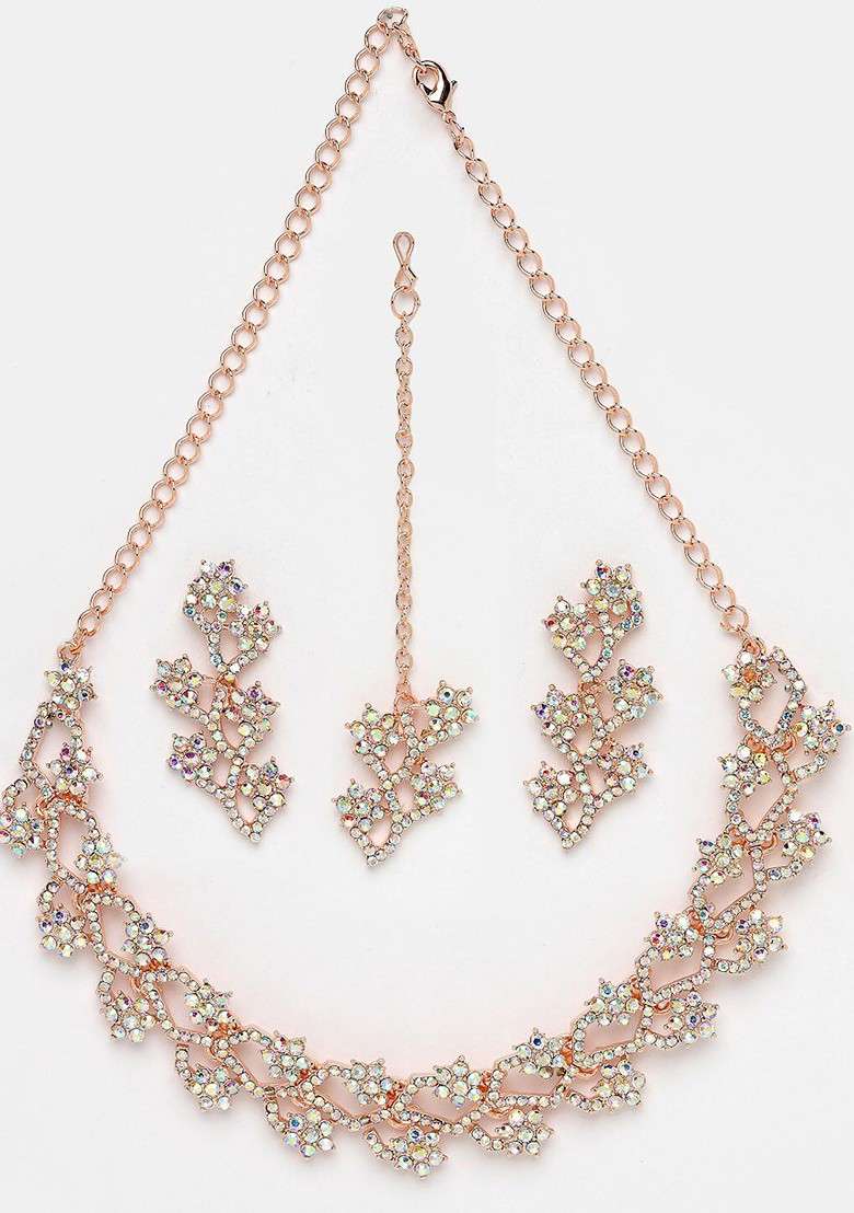 Rose Gold Stone Studded Gold Plated Necklace Set - Indya
