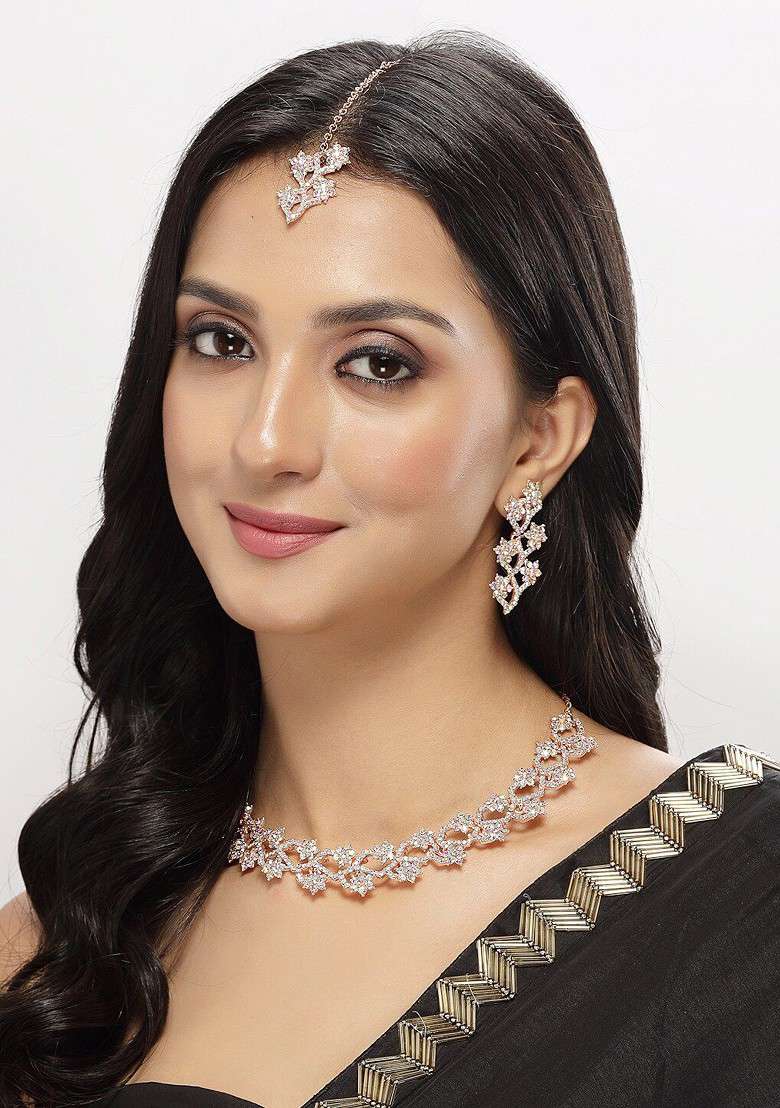 Rose Gold Stone Studded Gold Plated Necklace Set - Indya