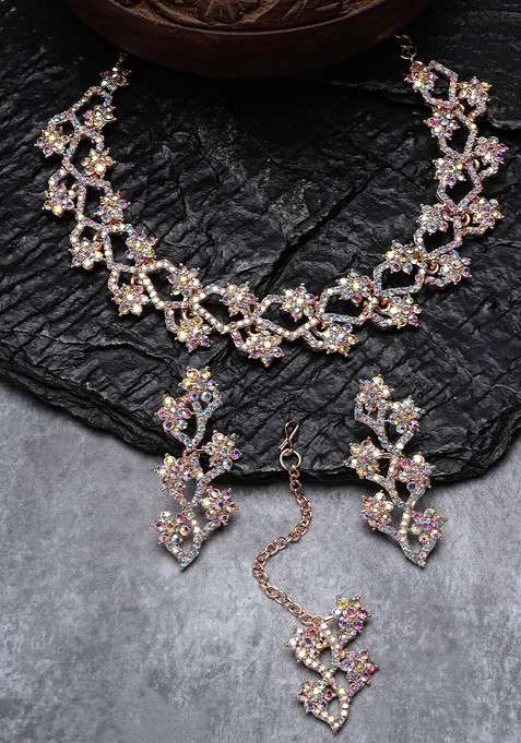 Rose Gold Stone Studded Gold Plated Necklace Set