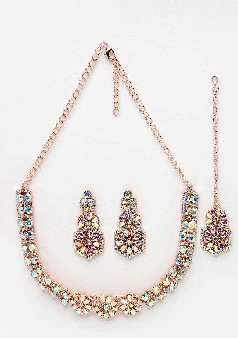 Rose Gold Stone Studded Gold Plated Necklace Set