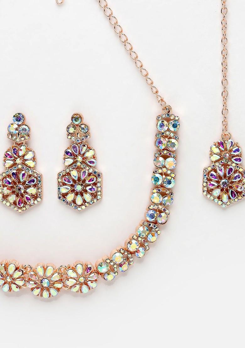 Rose Gold Stone Studded Gold Plated Necklace Set