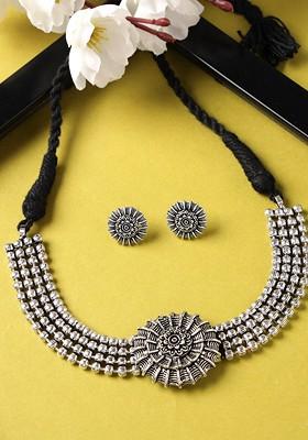 Silver Beaded Oxidised Necklace Set