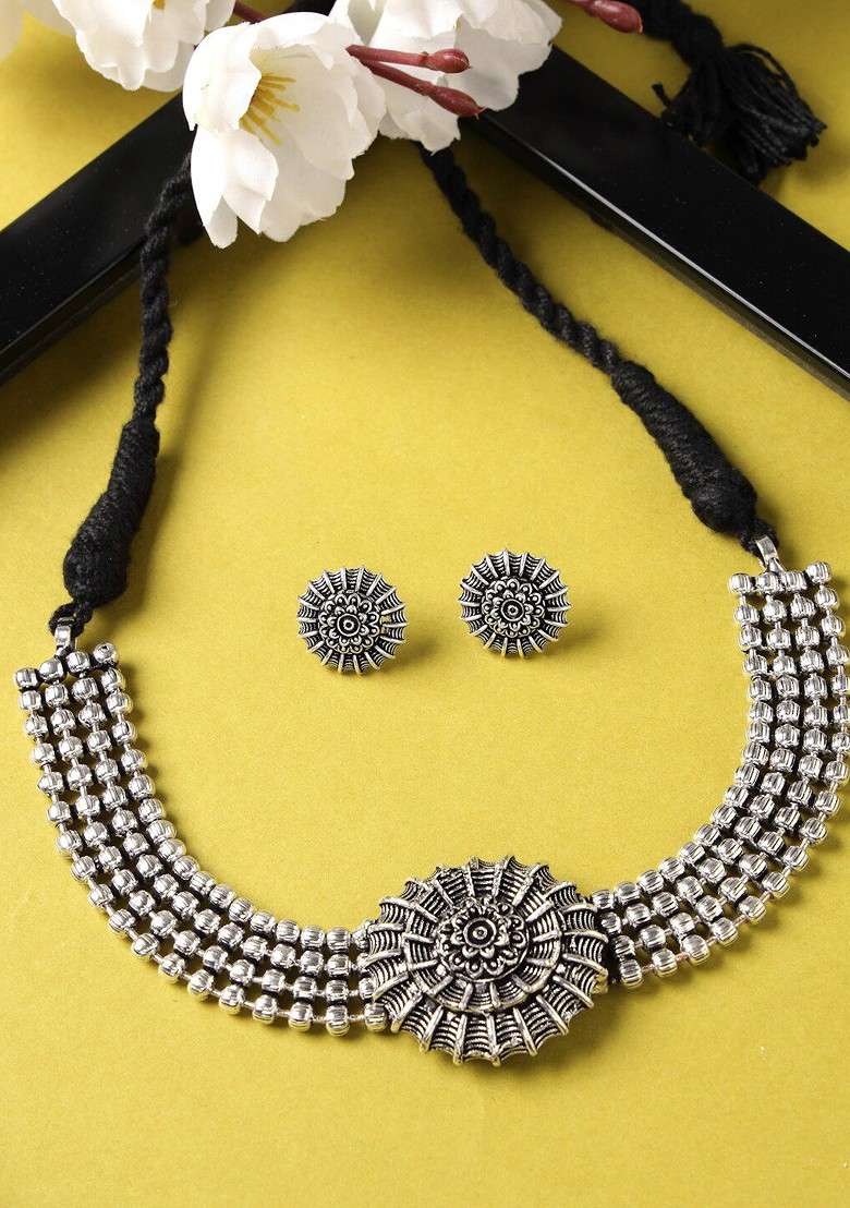 Silver Beaded Oxidised Necklace Set - Indya