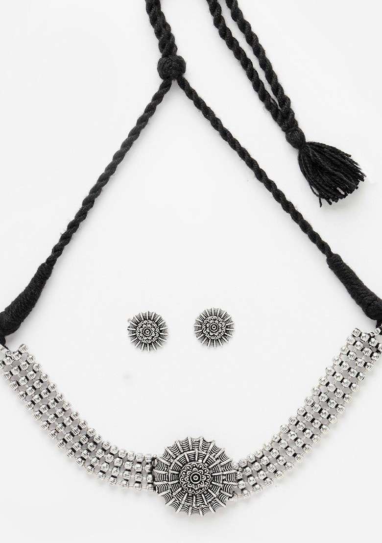Silver Beaded Oxidised Necklace Set - Indya