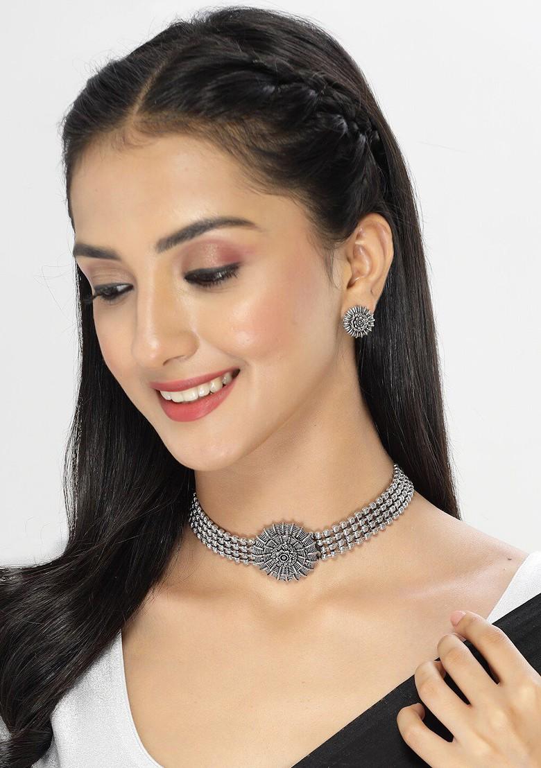 Silver Beaded Oxidised Necklace Set