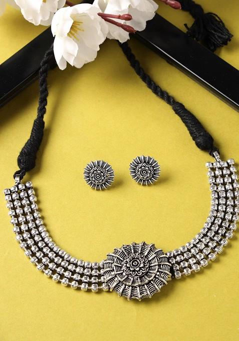 Silver Beaded Oxidised Necklace Set