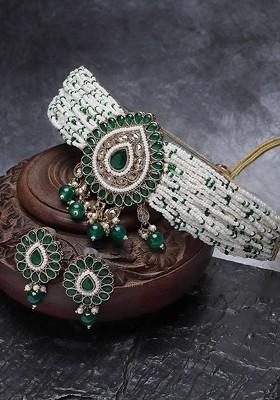 Green Beaded Gold Plated Necklace Set